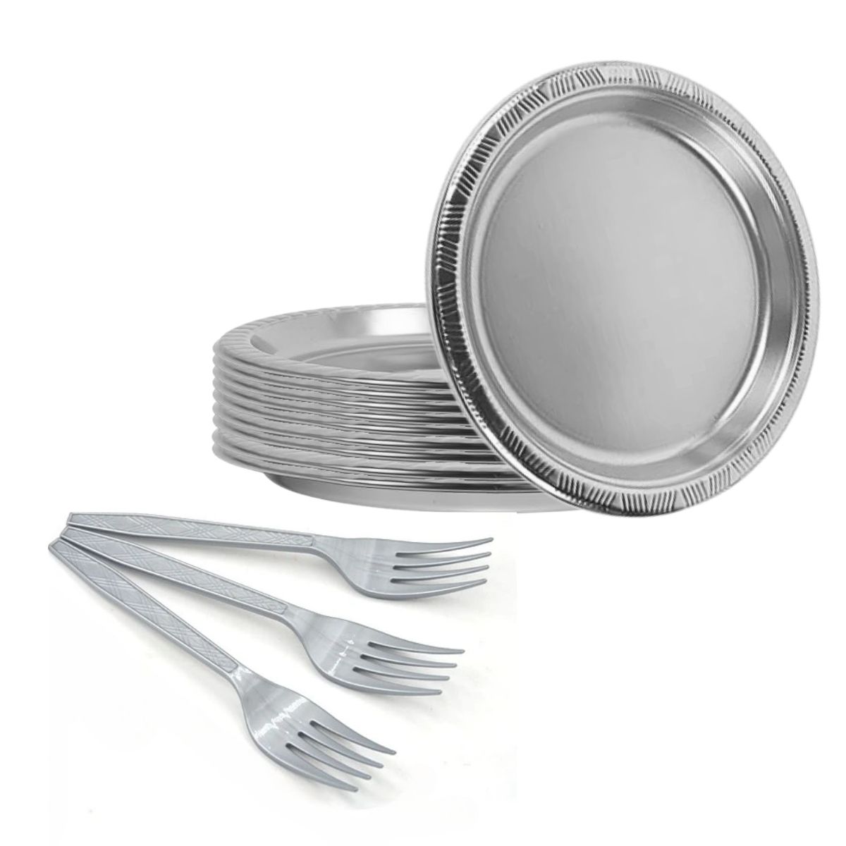 Platos Plásticos Plateados 18 Cm 10 und + Tenedores Plateados 12 und