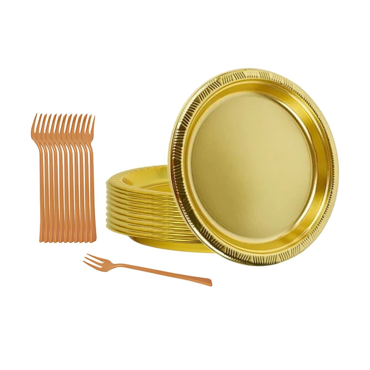 Platos Plásticos Dorados 18 Cm 10 und + Tenedores Dorados 12 und