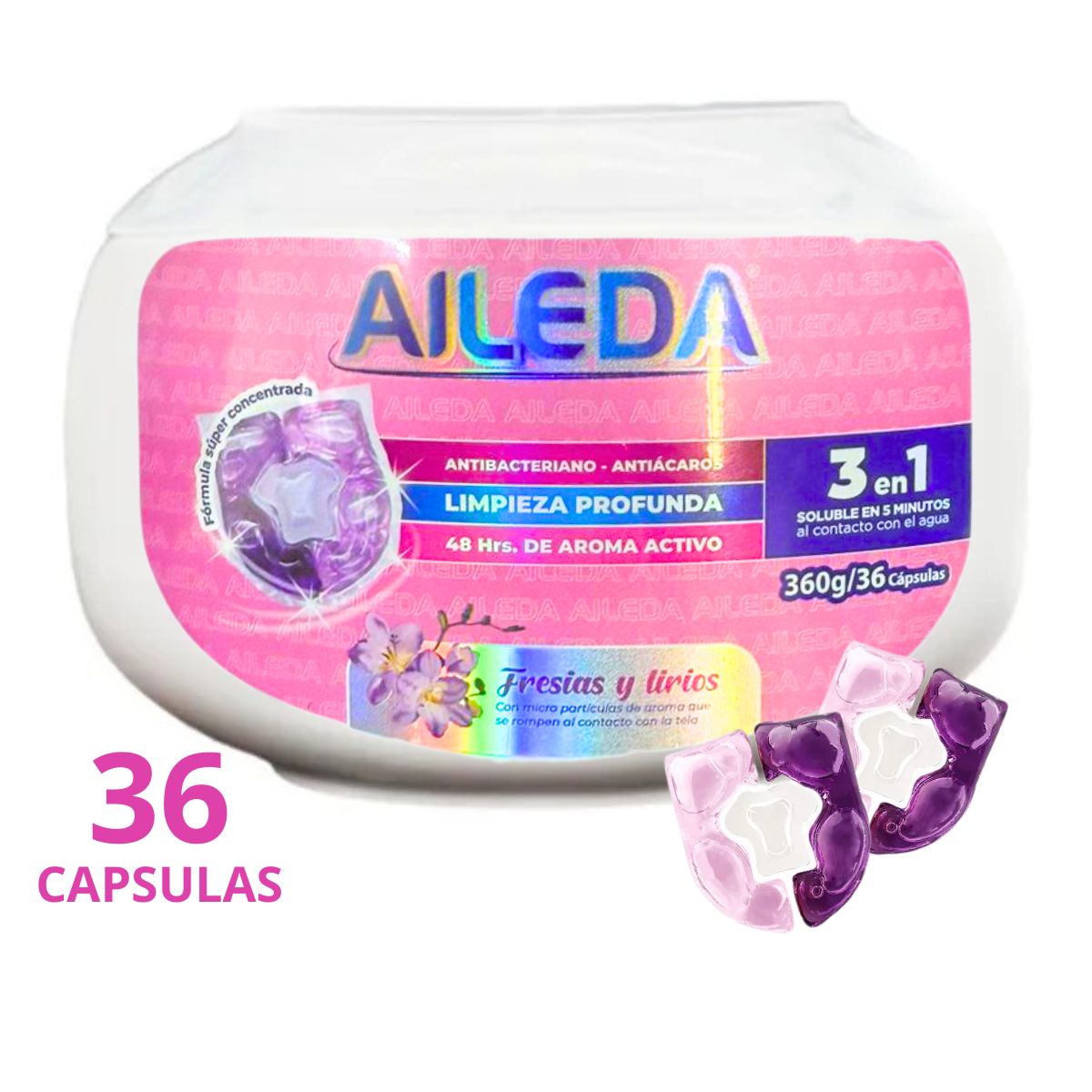 Detergente En Cápsulas Aileda 3en1 Fresias Y Lirios 36 Pods